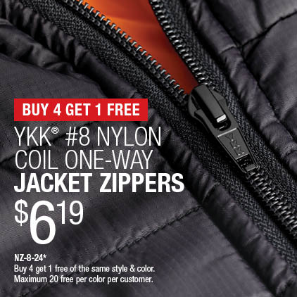 Buy 4 Get 1 Free - YKK® #8 Nylon Coil One-Way Jacket Zippers $6.19 / NZ-8-24* / Buy 4 get 1 free of the same style & color / Maximum 20 free per color per customer.