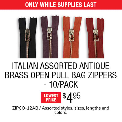 Italian Assorted Antique Brass Open Pull Bag Zippers - 10/Pack $4.95 / ZIPCO-12AB / Assorted styles, sizes, lengths and colors.