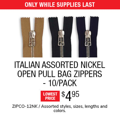 Italian Assorted Nickel Open Pull Bag Zippers - 10/Pack $4.95 / ZIPCO-12NK / Assorted styles, sizes, lengths and colors.