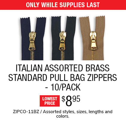 Italian Assorted Brass Standard Pull Bag Zippers - 10/Pack $8.95 / ZIPCO-11BZ / Assorted styles, sizes, lengths and colors.