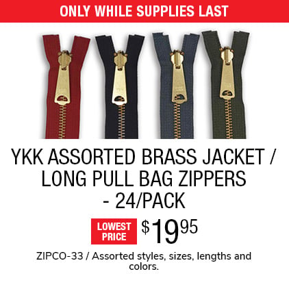 YKK Assorted Brass Jacket / Long Pull Bag Zippers - 24/Pack $19.95 / ZIPCO-33 / Assorted styles, sizes, lengths and colors.