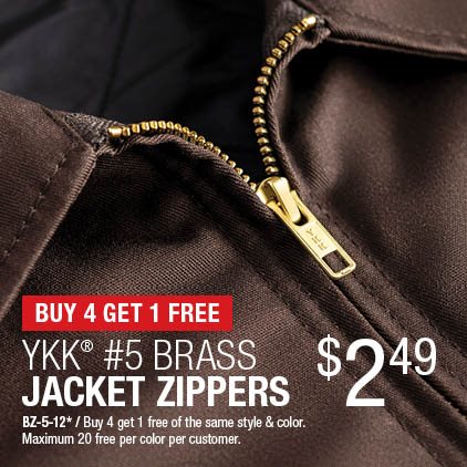 Buy 4 Get 1 Free - YKK® #5 Brass Jacket Zippers $2.49 / BZ-5-12* / Buy 4 get 1 free of the same style & color / Maximum 20 free per color per customer.