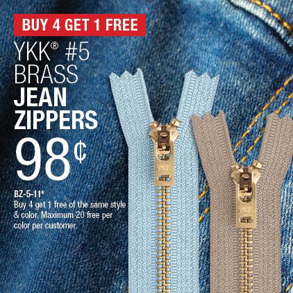 Buy 4 Get 1 Free - YKK® #5 Brass Jean Zippers .98¢ / BZ-5-11* / Buy 4 get 1 free of the same style & color / Maximum 20 free per color per customer.