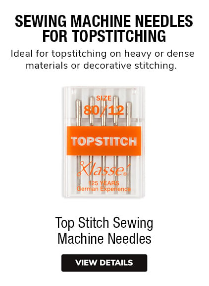 Top Stitch Sewing Machine Needles •	Sewing Machine Needles for Topstitching  •	Ideal for topstitching on heavy or dense materials or decorative stitching.