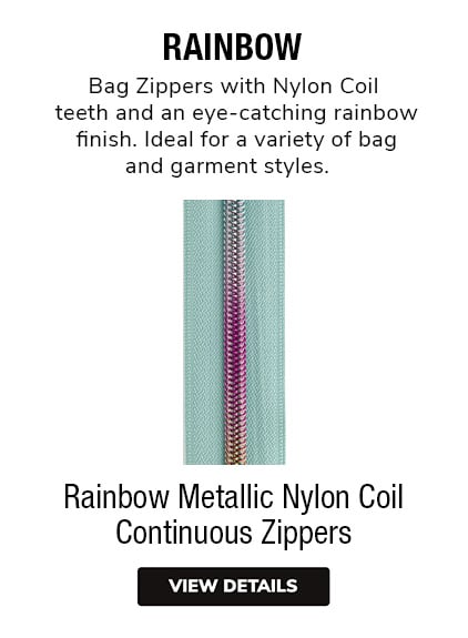 Rainbow Metallic Nylon Coil Continuous Zippers | Bag Zippers with Nylon Coil teeth and an eye-catching rainbow finish. Ideal for a variety of bag and garment styles. 