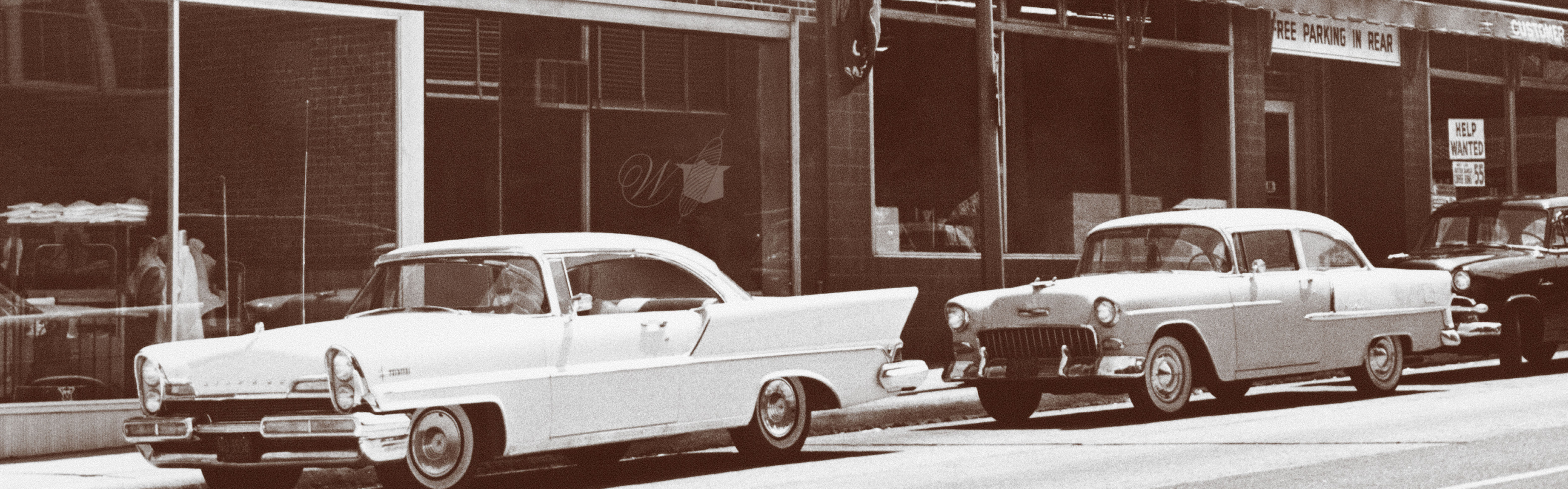 WAWAK Sewing Supply Vintage Cars on Street in Black and White