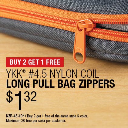 Buy 2 Get 1 Free - YKK® #4.5 Nylon Coil Long Pull Bag Zippers $1.32 / NZP-45-10* / Buy 2 get 1 free of the same style & color / Maximum 20 free per color per customer.