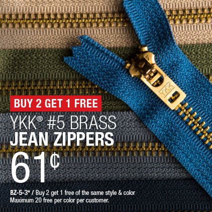 Buy 2 Get 1 Free - YKK® #5 Brass Jean Zippers .61¢ / BZ-5-3* / Buy 2 get 1 free of the same style & color / Maximum 20 free per color per customer.