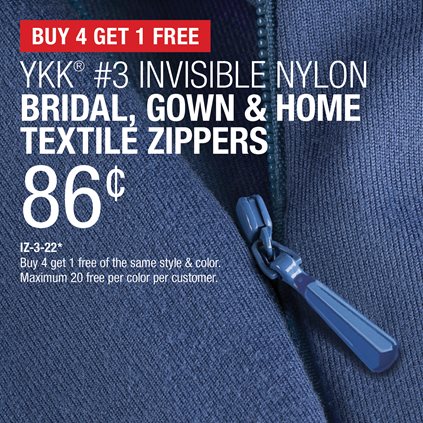 Buy 4 Get 1 Free - YKK® #3 Invisible Nylon Bridal, Gown & Home Textile Zippers .86¢ IZ-3-22* / Buy 4 get 1 free of the same style & color / Maximum 20 free per customer.
