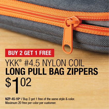 Buy 2 Get 1 Free - YKK® #4.5 Nylon Coil Long Pull Bag Zippers $1.02 / NZP-45-10* / Buy 2 get 1 free of the same style & color / Maximum 20 free per color per customer.