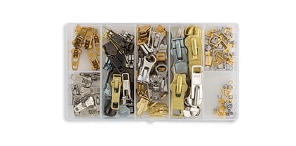 Zipper Repair Kit Solution Metal YKK Assorted Brass Sliders ~Easy Container Storage Sets of #4.5, 5, and #10 Include #4.5, 5 and #10 Top & Bottom