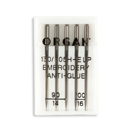 Organ Anti-Glue Embroidery Home Machine Needles - Size 14, 16 - 15x1,  130/705H-ELP - 5/Pack