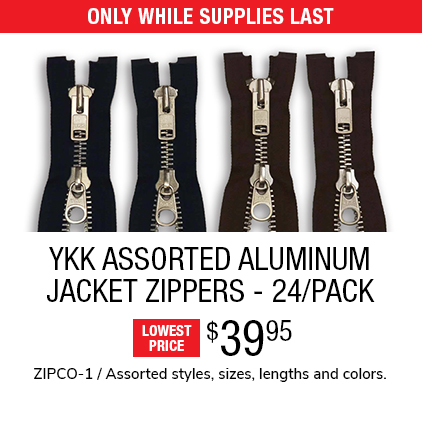 YKK Assorted Aluminum Jacket Zippers - 24/Pack $39.95 / ZIPCO-1 / Assorted styles, sizes, lengths and colors.