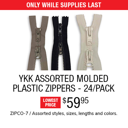 YKK Assorted Moldd Plastic Zippers - 24/Pack $59.95 / ZIPCO-7 / Assorted styles, sizes, lengths and colors.