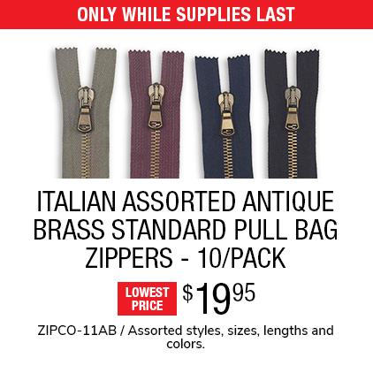 Italian Assorted Antique Brass Standard Pull Bag Zippers - 10/Pack $19.95 / ZIPCO-11AB / Assorted styles, sizes, lengths and colors.