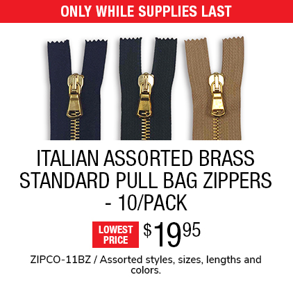 Italian Assorted Brass Standard Pull Bag Zippers - 10/Pack $19.95 / ZIPCO-11BZ / Assorted styles, sizes, lengths and colors.