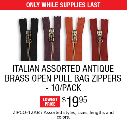 Italian Assorted Antique Brass Open Pull Bag Zippers - 10/Pack $19.95 / ZIPCO-12AB / Assorted styles, sizes, lengths and colors.