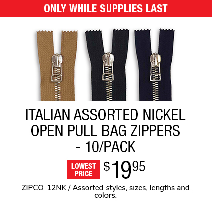 Italian Assorted Nickel Open Pull Bag Zippers - 10/Pack $19.95 / ZIPCO-12NK / Assorted styles, sizes, lengths and colors.