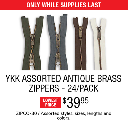 YKK Assorted Antique Brass Zippers - 24/Pack $39.95 / ZIPCO-30 / Assorted styles, sizes, lengths and colors.