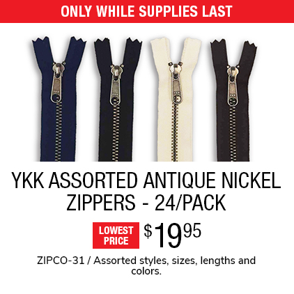 YKK Assorted Antique Nickel Zippers - 24/Pack $19.95 / ZIPCO-31 / Assorted styles, sizes, lengths and colors.