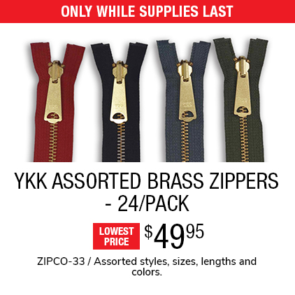 YKK Assorted Brass Zippers - 24/Pack $49.95 / ZIPCO-33 / Assorted styles, sizes, lengths and colors.