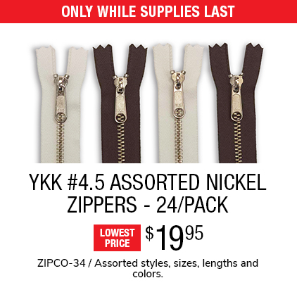 YKK #4.5 Assorted Nickel Zippers - 24/Pack $19.95 / ZIPCO-34 / Assorted styles, sizes, lengths and colors.
