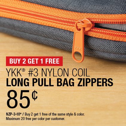 Buy 2 Get 1 Free - YKK® #3 Nylon Coil Long Pull Bag Zippers .85¢ / NZP-3-10* / Buy 2 get 1 free of the same style & color / Maximum 20 free per color per customer.